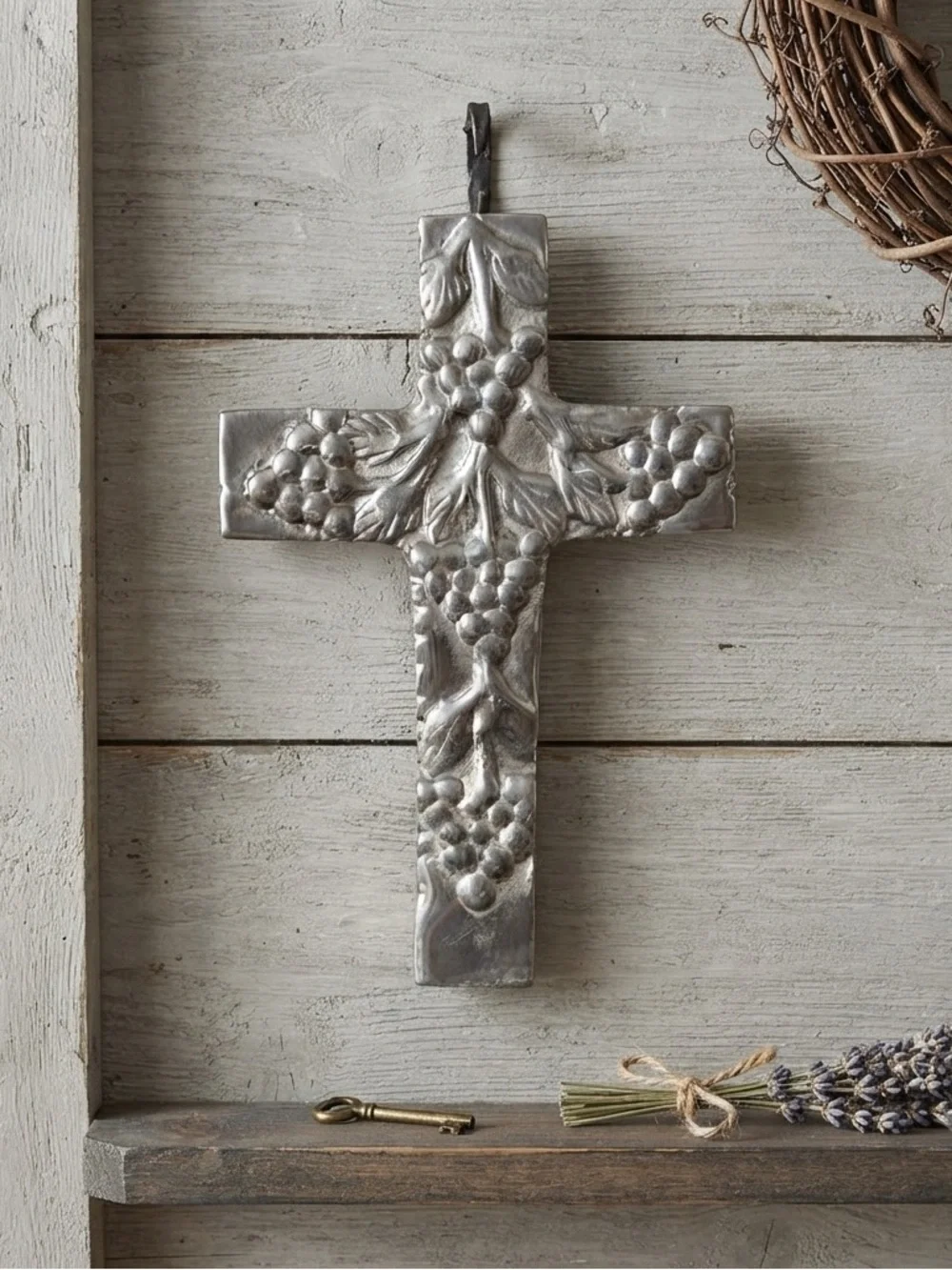 Silver Decorative Cross with Grapes Design 10 1/4” x 7”